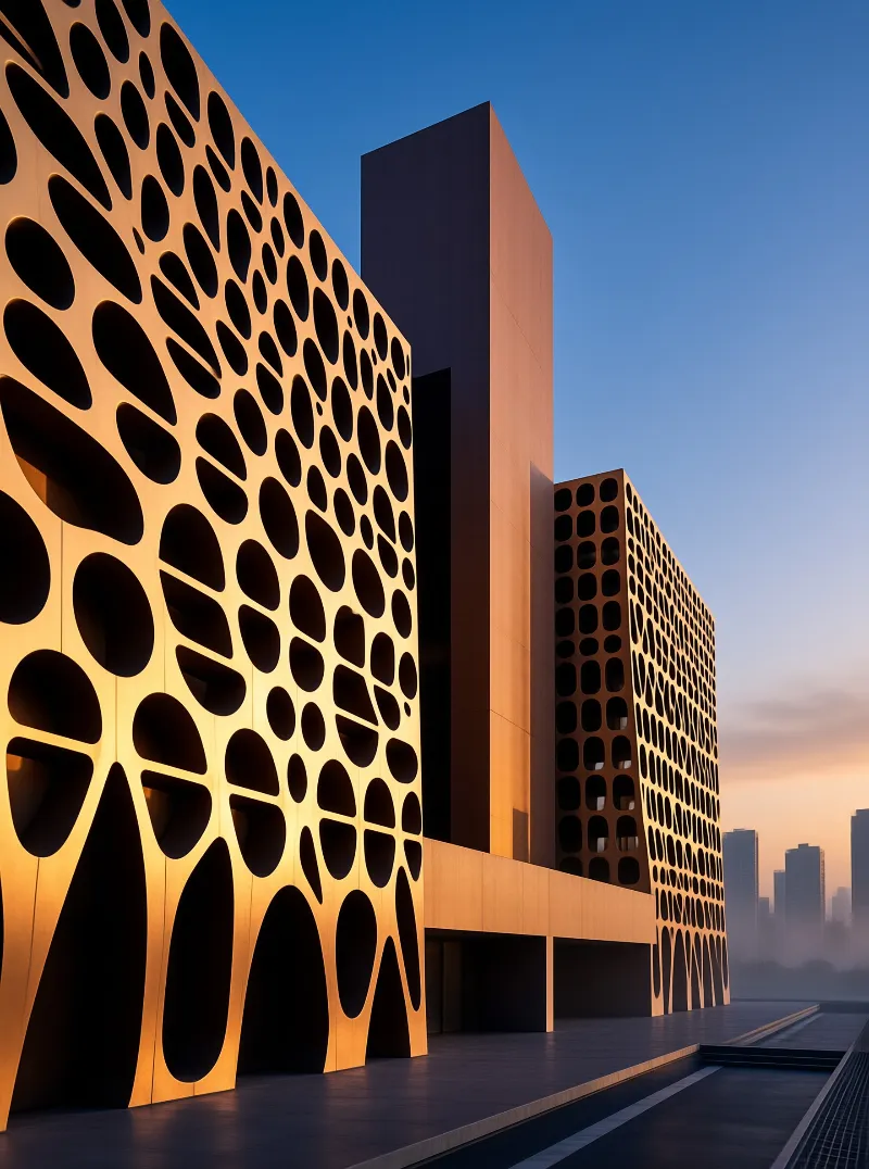 Rounded holes puncture a warm clay coloured wall beside a smooth tower under a clear blue sky.