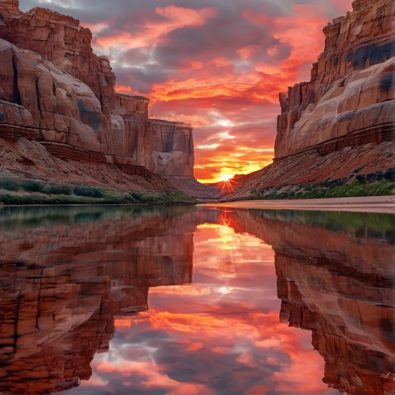 A calm river mirrors the fiery orange sunset as it sets between towering red rock cliffs under a dramatic sky