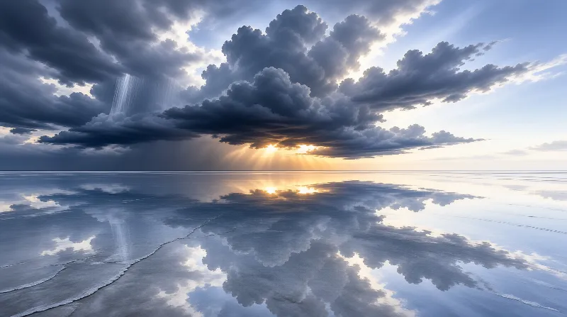 A vast mirrorlike salt flat reflects dark storm clouds and golden sunbeams breaking through near the horizon.