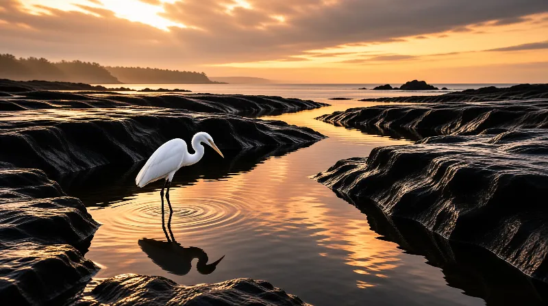 A solitary white bird stands in shallow water reflecting the orange sky between dark rocks.