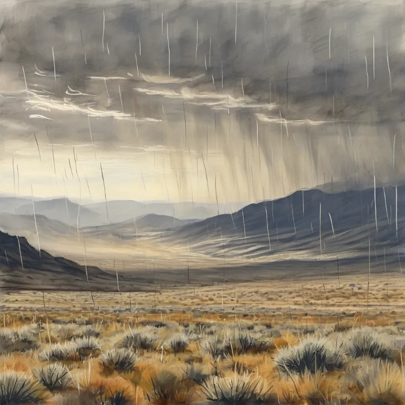 Arid valley landscape with dry grass and shrubs in the foreground and mountains under heavy rain and gray clouds.