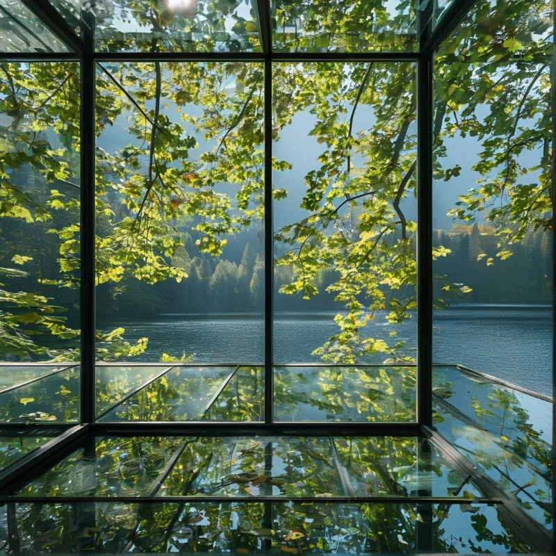 A glass walled room with reflective floor frames green leaves, a calm lake, and dark forested mountains in soft daylight.