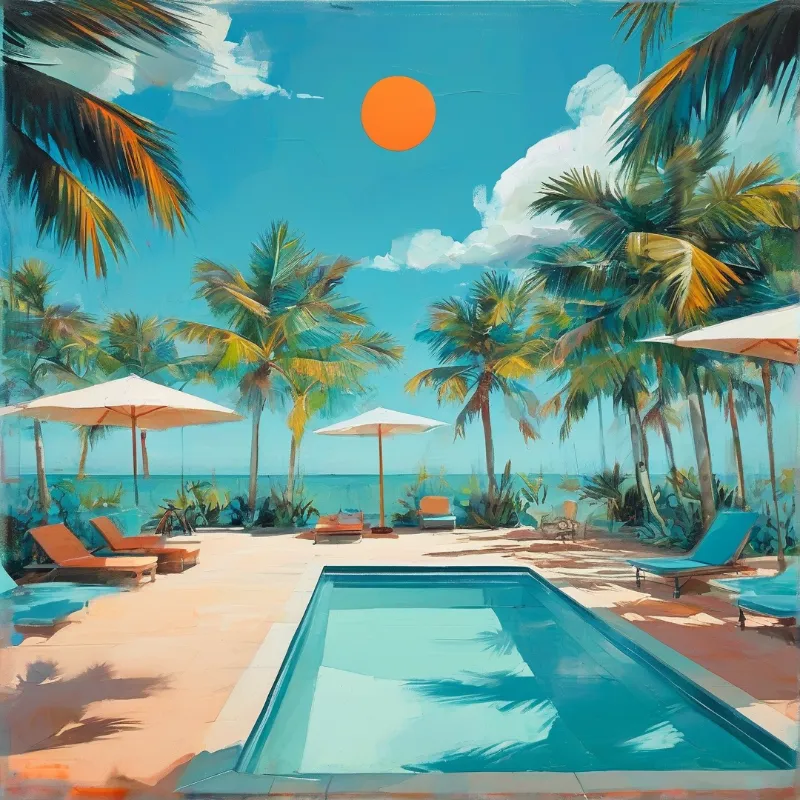 A rectangular swimming pool sits in front of beach loungers and palm trees beneath a vivid blue sky with a bright orange sun.