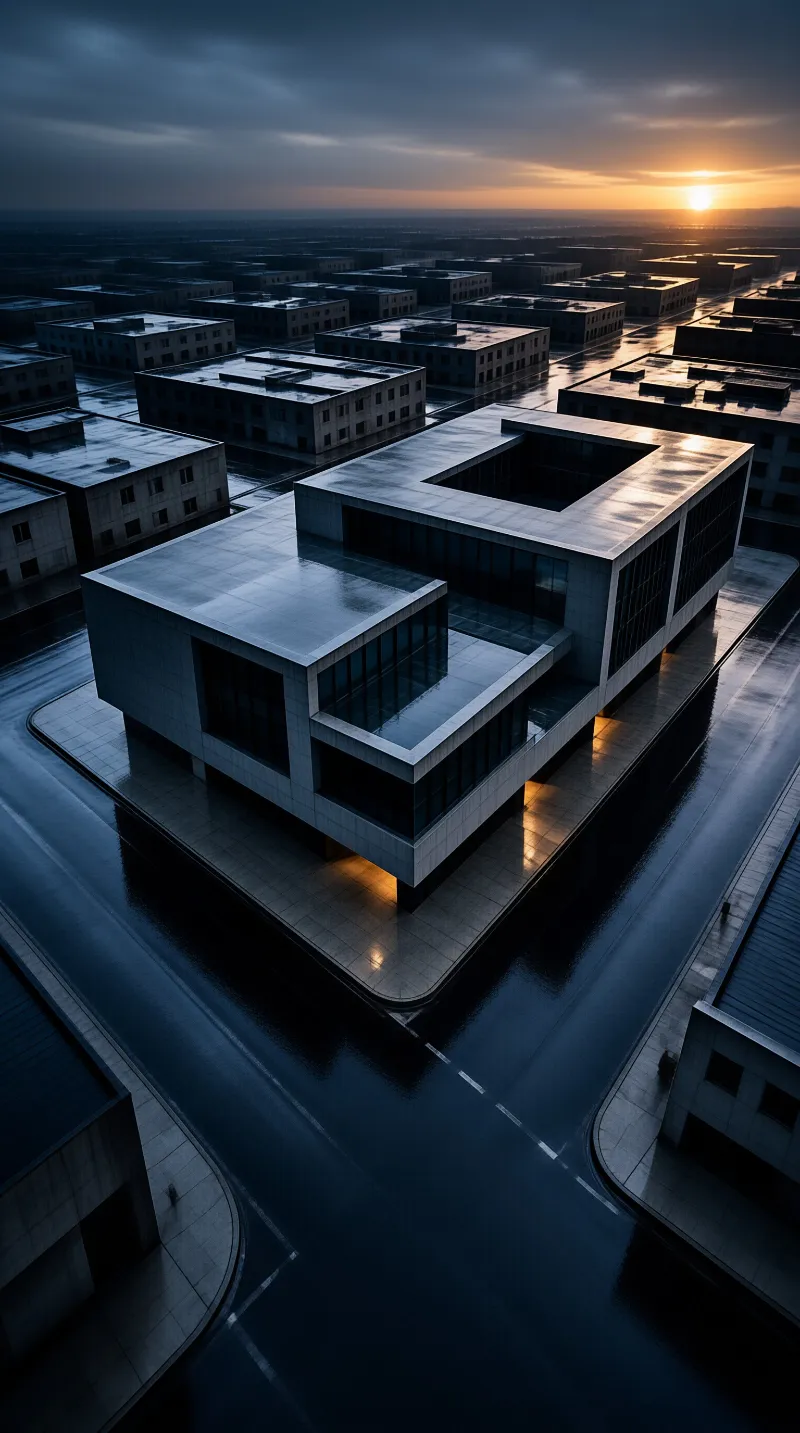 A massive geometric structure stands in a wet courtyard while the sun sets behind a distant row of similar buildings.