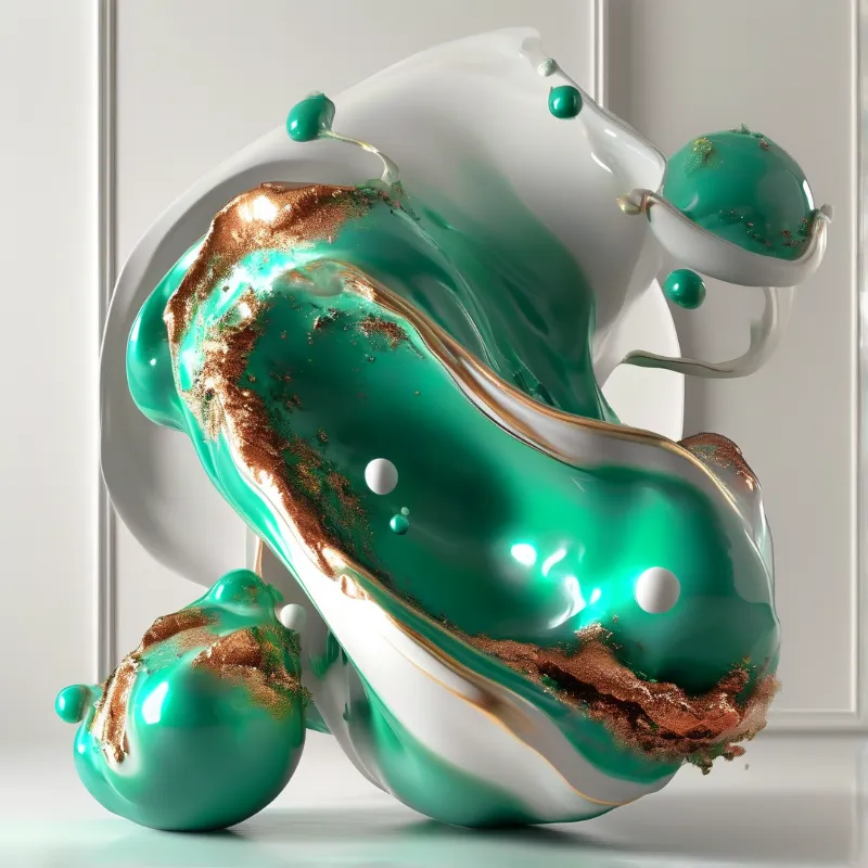 Glossy green copper flaked fluid form rests against a plain white wainscoted wall under soft even lighting