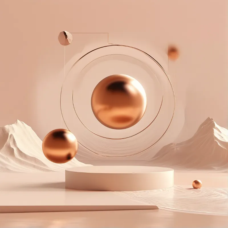 Polished copper spheres float within delicate circular frames above a smooth undulating beige landscape.
