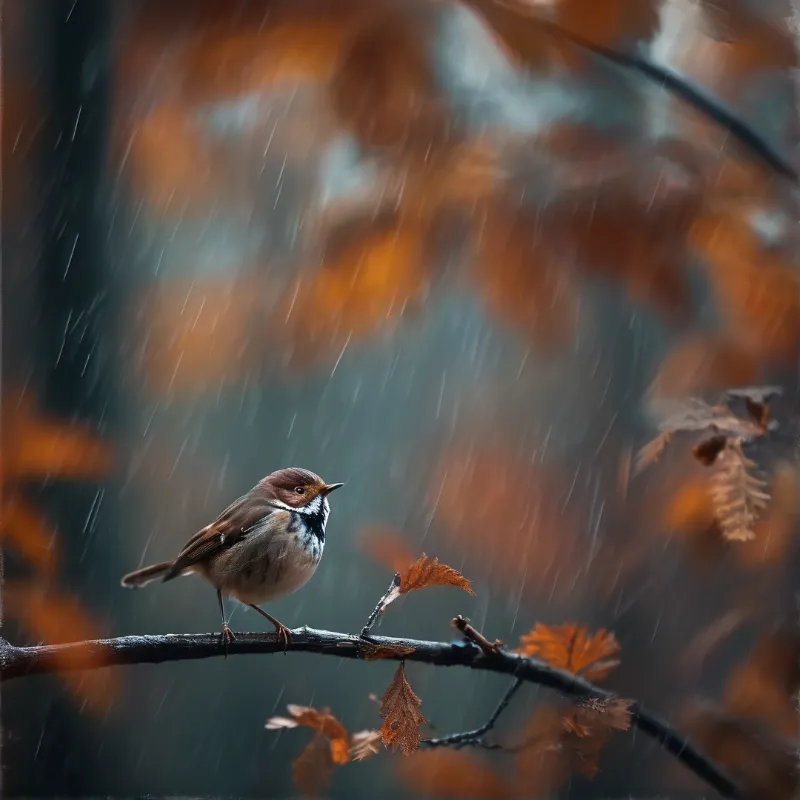 A small brown and white songbird stands on a wet tree branch while rain falls through an autumn forest.