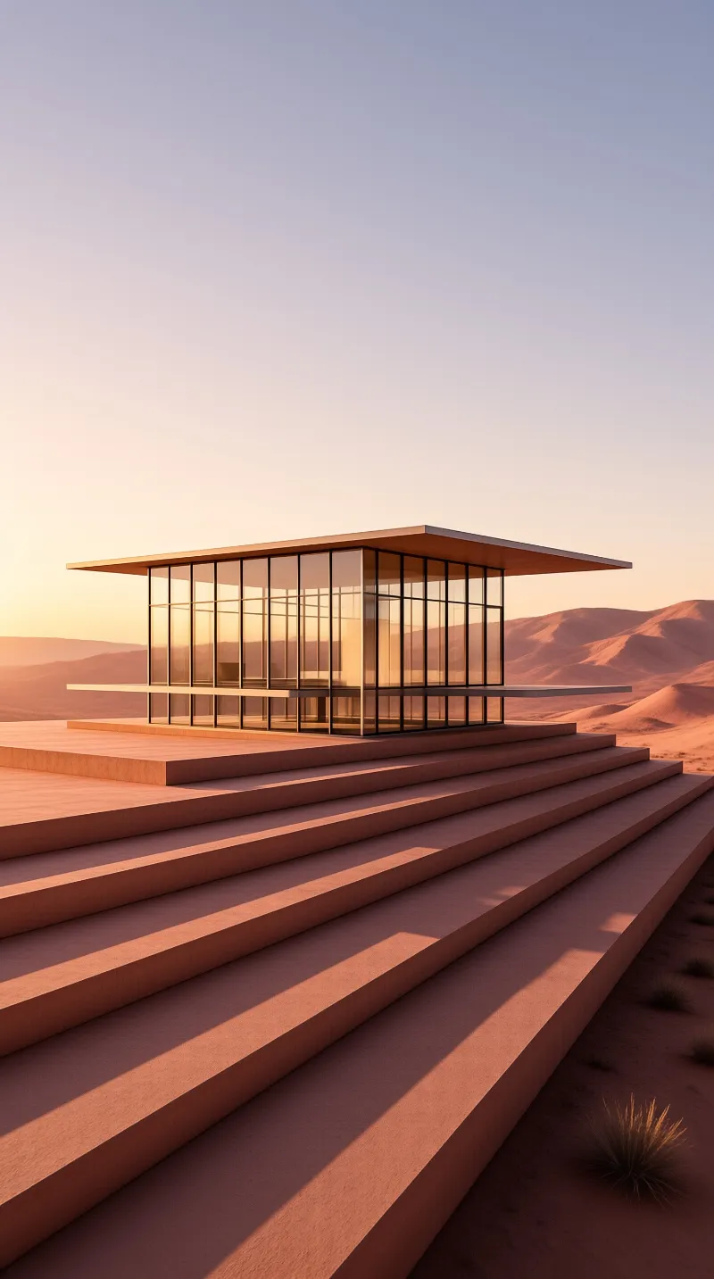 A minimalist glass house sits on wide terraced steps surrounded by sand dunes bathed in warm evening light.