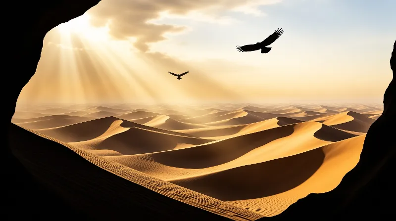 Dark eagles soar across a bright sky above a vast desert of rolling golden dunes framed by a dark rocky overhang.