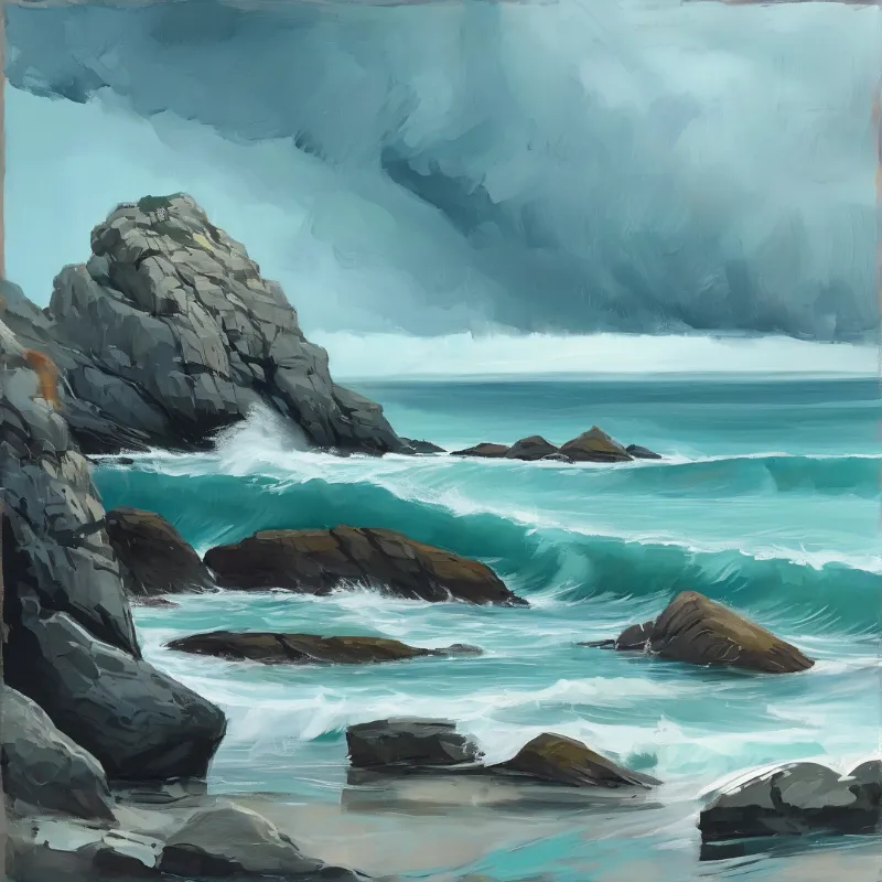 A painterly view of a rocky coastline where turquoise waves crash against dark granite cliffs beneath a heavy stormy sky.