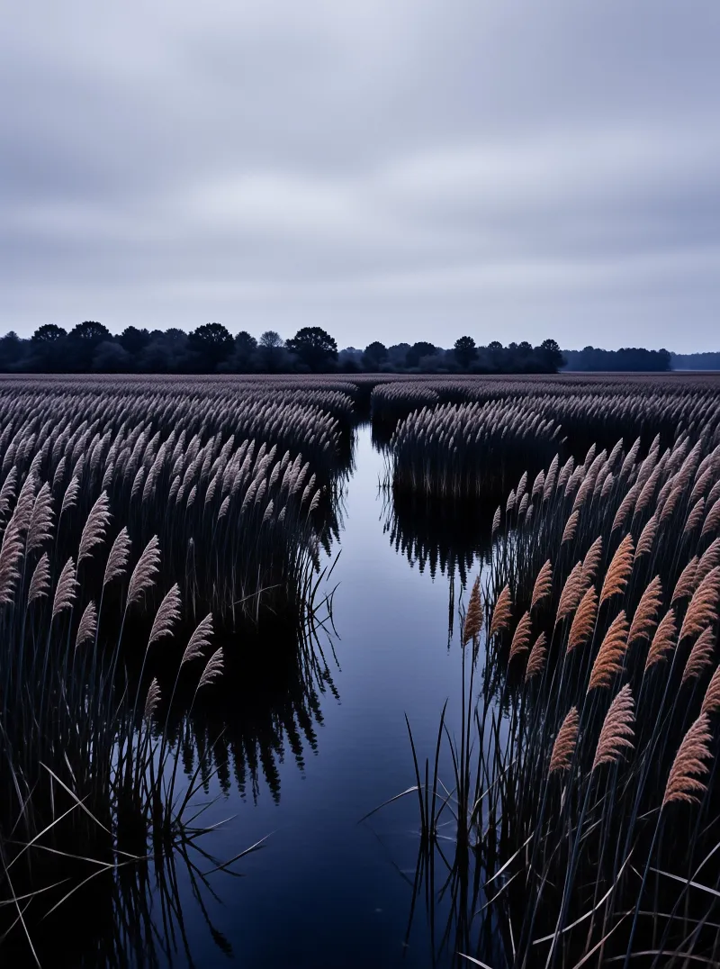 Tall brown cattails line a narrow strip of dark blue water leading toward a distant tree line under a cloudy sky.