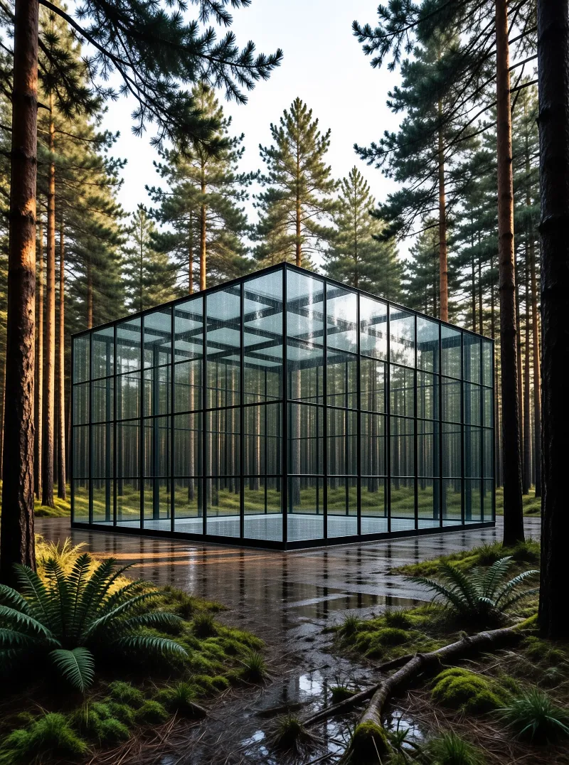 A transparent glass cube pavilion stands in a damp pine forest with mossy ground and reflecting puddles under warm sunlight.