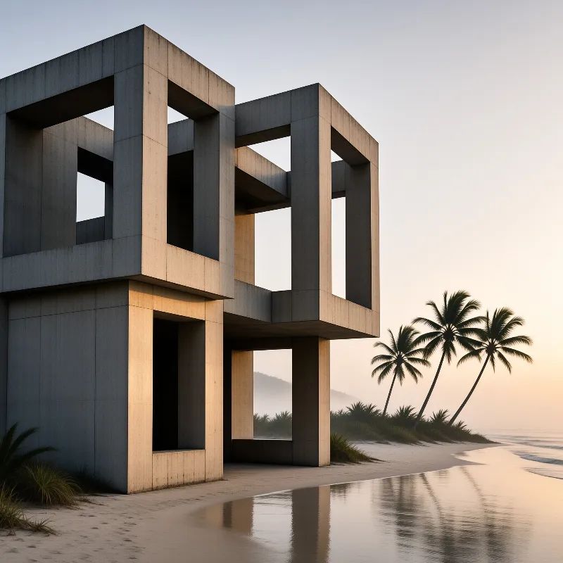 Minimalist open-frame architecture rests on sandy shores beside leaning palms bathed in warm evening light.