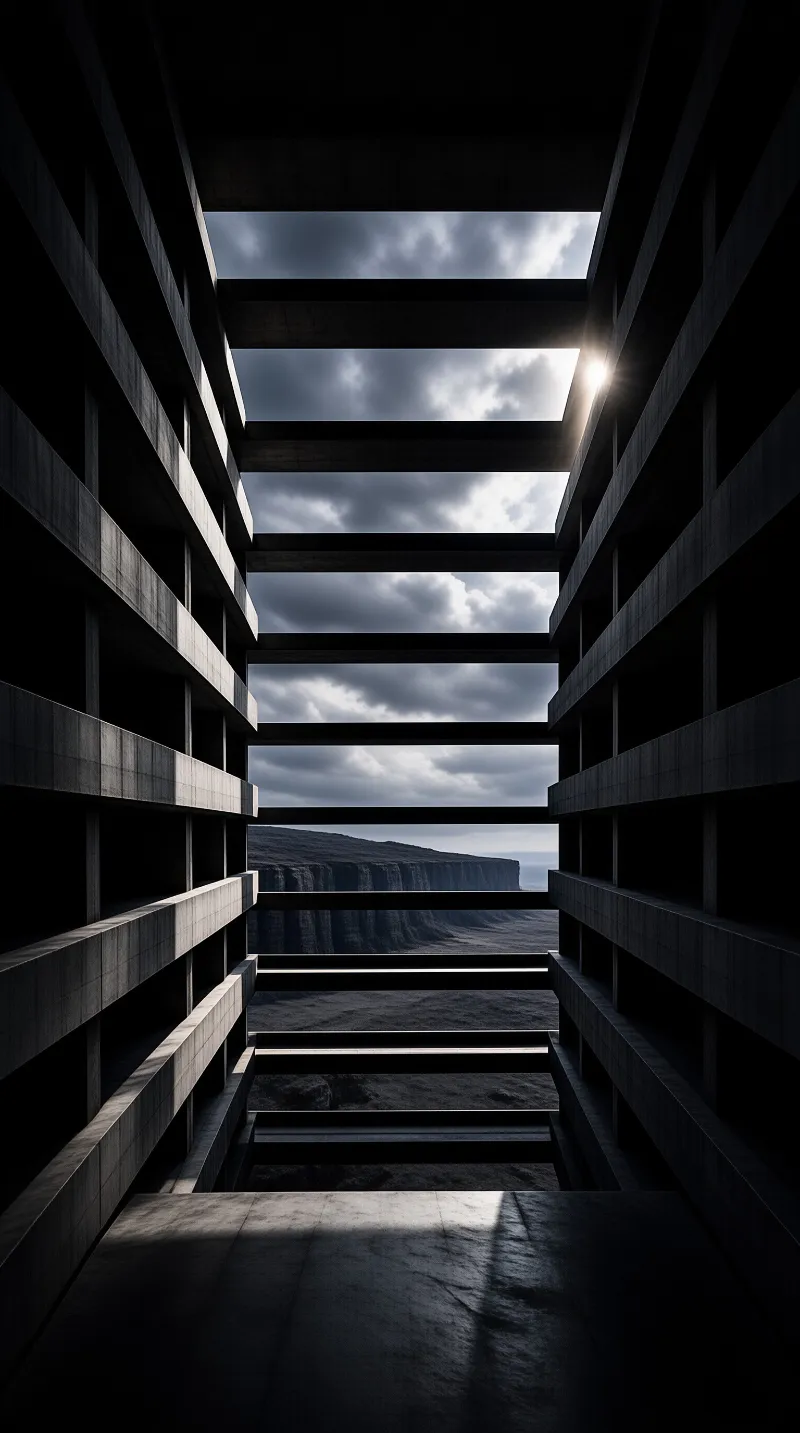 Heavy concrete beams slice through the frame to reveal a dramatic sky and distant cliffs illuminated by a bright sunburst.