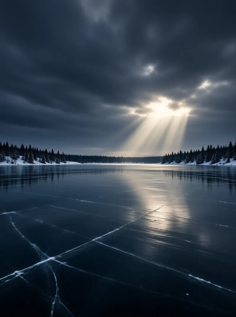 Sunlight bursts through storm clouds onto a glassy frozen lake, its cracked ice sheet reflecting a distant pine shore.