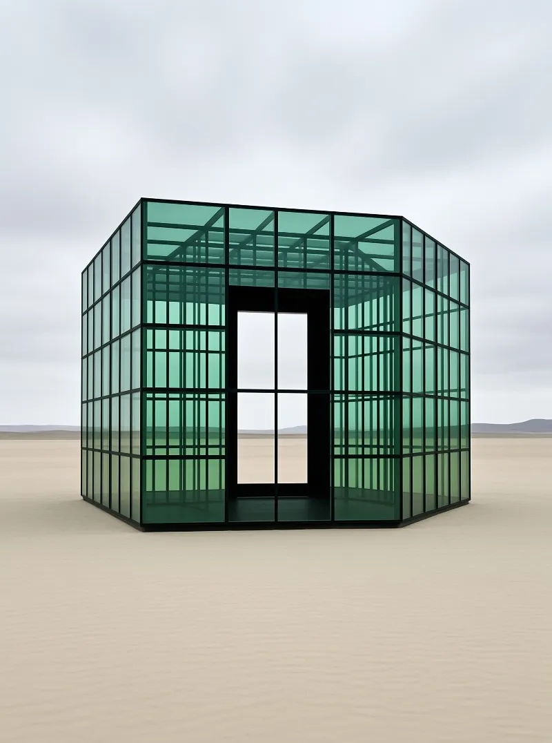 A transparent green glass cube stands isolated on a vast sandy desert under an overcast sky.