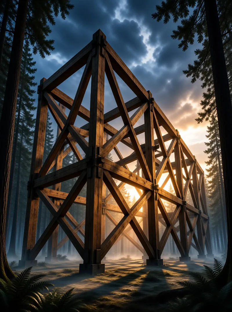 A large wooden truss structure stands in a misty forest with warm golden light streaming through the trees behind it.