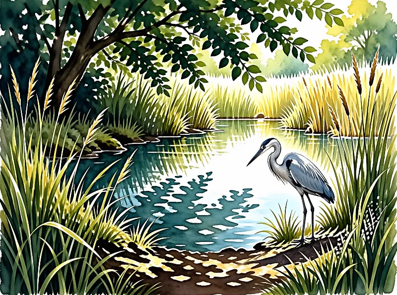 Grey heron wades by a sunlit marsh stream, framed by tall reeds, shaded overhanging branches, water reflects dappled light.