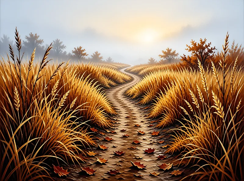 A misty country trail lined with tall amber grasses and scattered maple leaves under a soft autumn sun