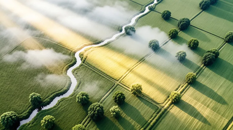 Aerial view of patchwork green fields crossed by a river and dotted with trees beneath beams of sunlight and low fog.