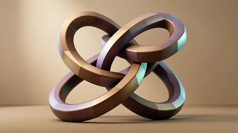 A low poly ring entangled with itself stands on a beige floor, its flat planes shifting from copper to pale turquoise.