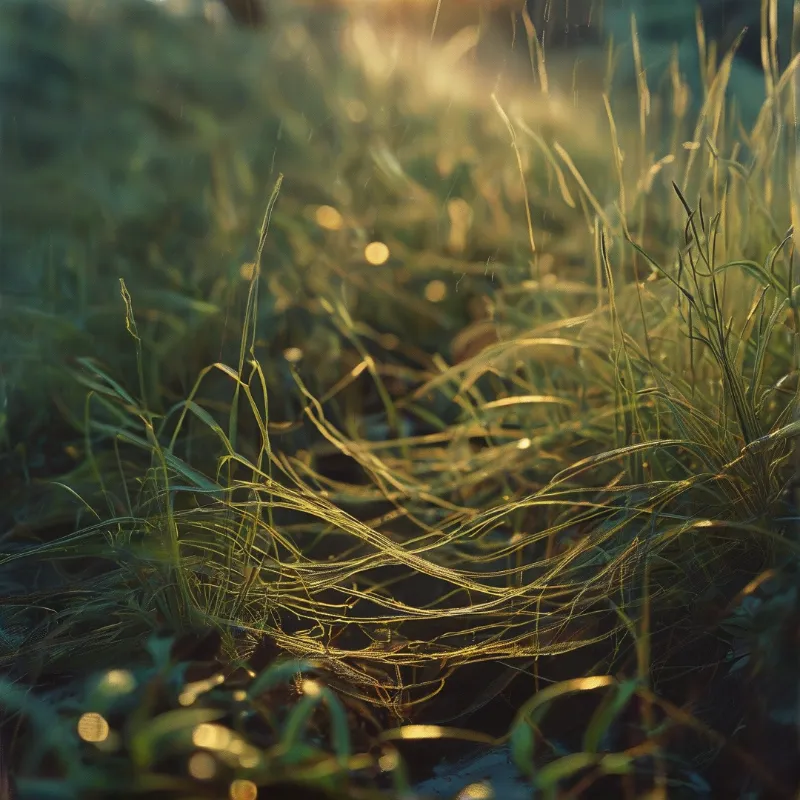 Thin green grass blades are illuminated by warm sunlight creating bright highlights against darker shadows.