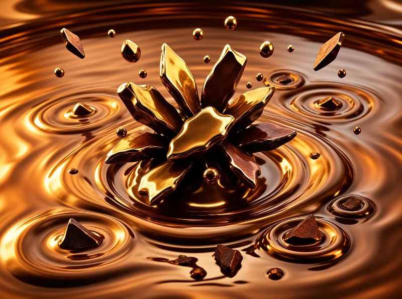 A viscous golden liquid splashes upward creating a flower shape amidst rippling waves and floating dark shards.
