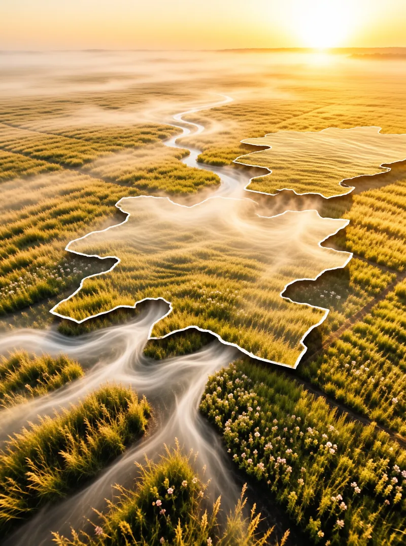 A winding river curves through a golden grassy field covered in low morning mist under bright sunlight.