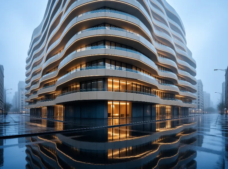 A sinuous white building with rippling balconies and warm lights mirrors itself in a rain-slick street under a twilight sky.