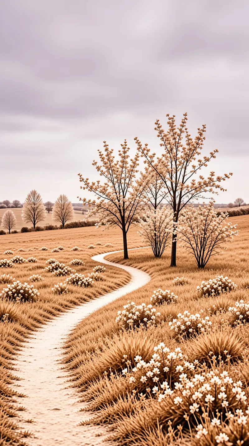 A curving dirt trail moves through a golden landscape dotted with white flowers and budding trees under a cloudy sky.