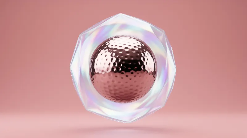A polished pink metallic sphere with a dimpled surface sits inside a clear faceted crystal shell on a soft pink backdrop