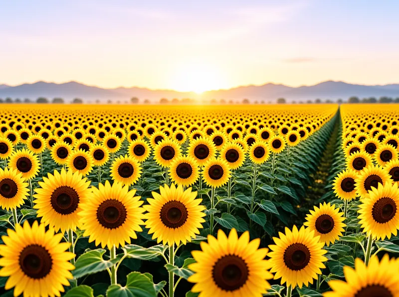 Endless rows of bright sunflowers lead the eye to hazy blue hills beneath a soft glowing sunrise