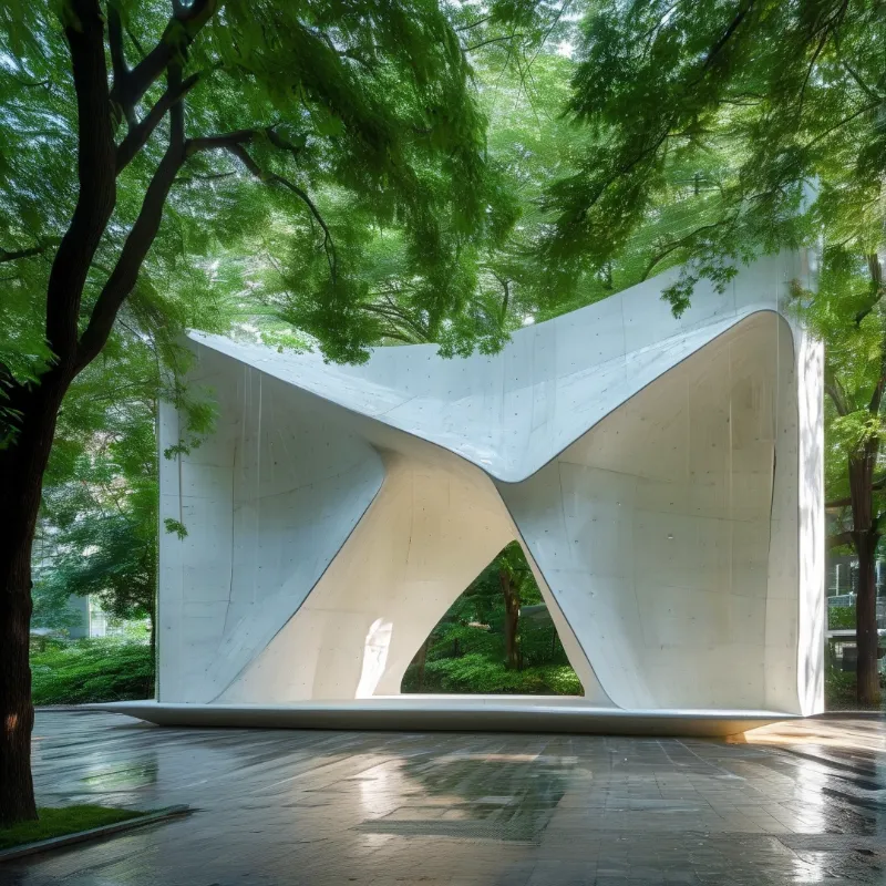Curved white concrete structure in a green park, sunlight filtering through trees onto a wet stone plaza.
