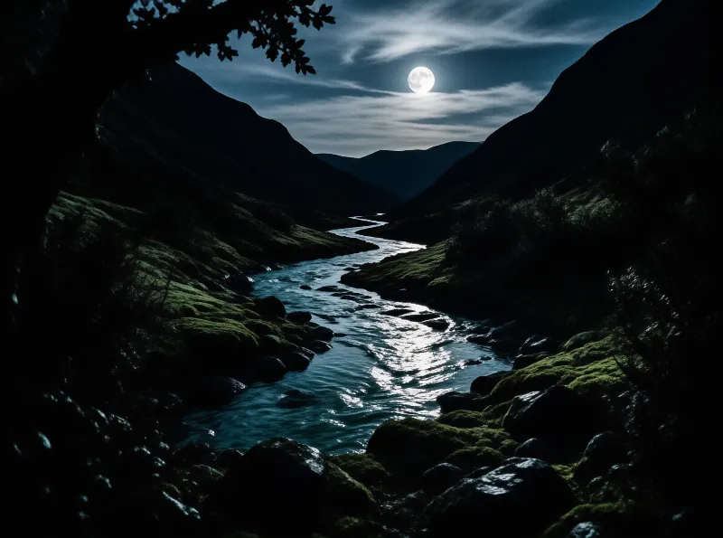 A winding river cuts through a dark valley while a full moon shines brightly above the mountains reflecting on the water.