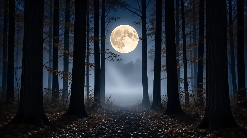Tall dark tree trunks frame a glowing full moon visible above a misty forest path at night.