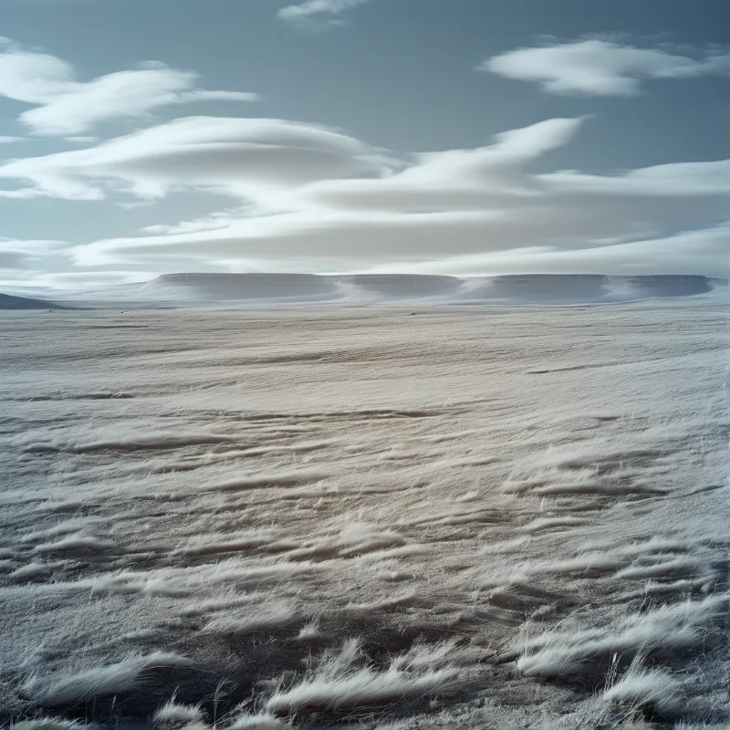 Smooth desert dunes line the horizon while textured ground fills the foreground under an overcast sky.