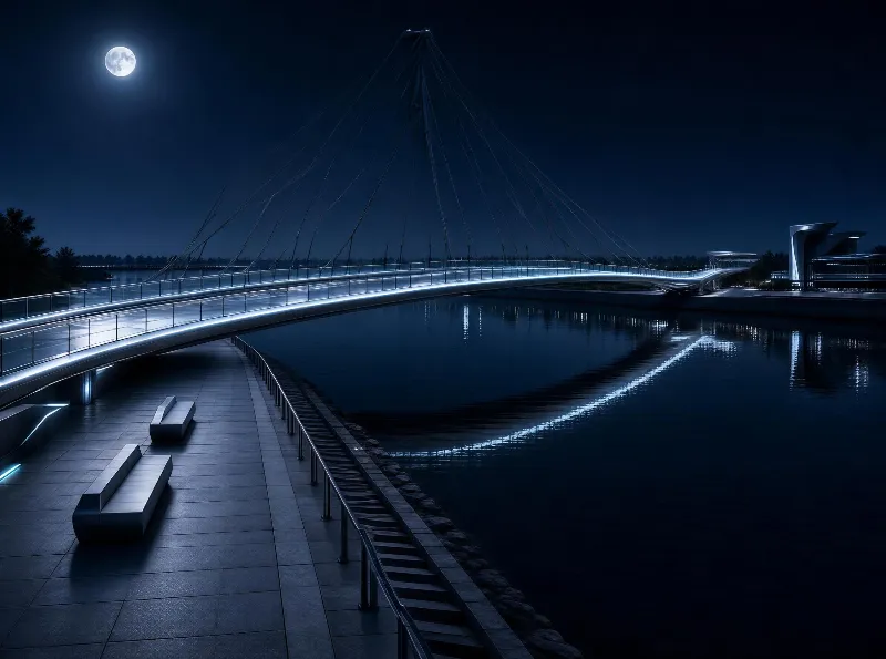 A modern suspension bridge lit by soft lights at night, with a full moon in the sky and its reflection shimmering on the calm water surface.