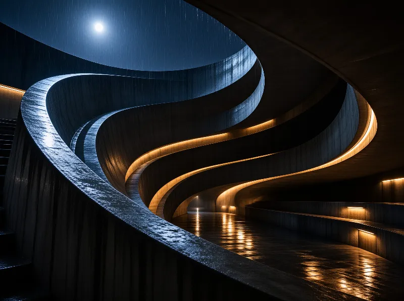 Sweeping wooden corridor with warm light strips and reflective wet floor under a moonlit sky