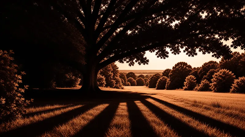 A lone spreading oak throws long striped shadows across a golden meadow under a warm evening sky.