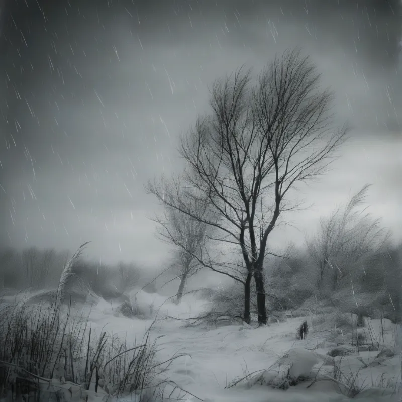 Bare trees stand in a snow-covered field while visible streaks of falling snow obscure the foggy background.