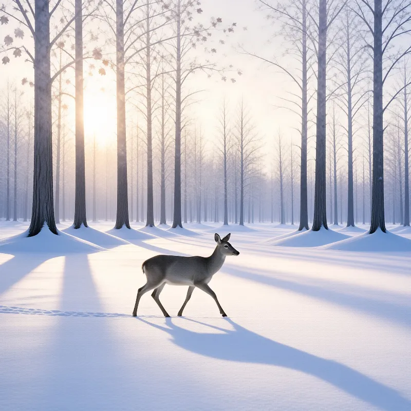 A deer walks across a snowy forest floor with long shadows cast by rising sun.