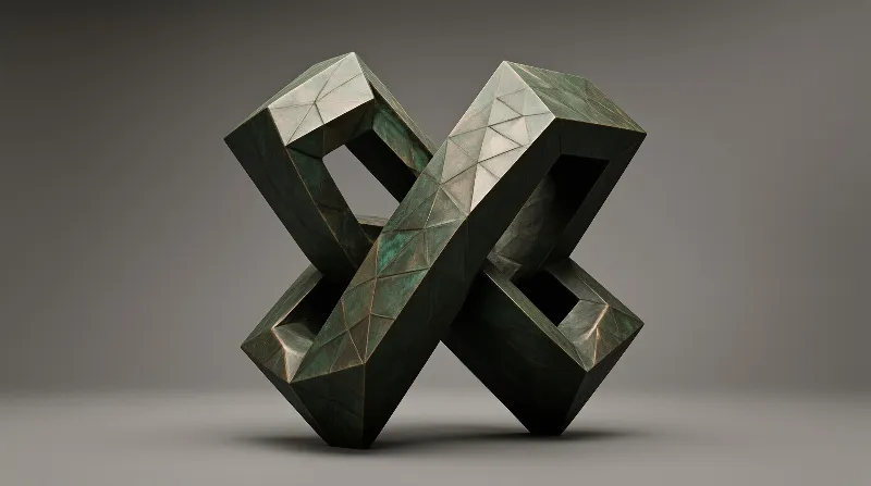 Two weathered bronze rectangular frames interlock diagonally forming an X in a grey studio with soft light