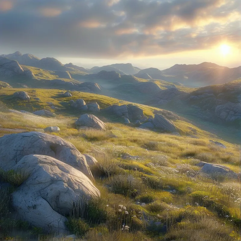 Large grey boulders rest on a grassy slope rising toward distant mountains illuminated by warm sunlight.