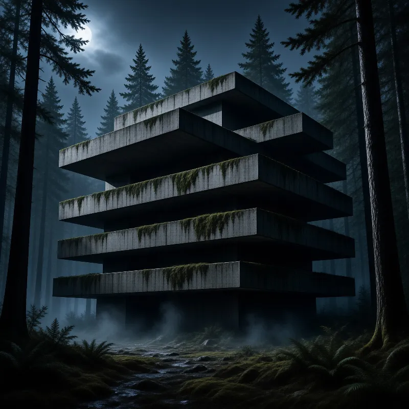 A massive layered concrete edifice draped in moss rises from a misty pine forest under the glow of a full moon.
