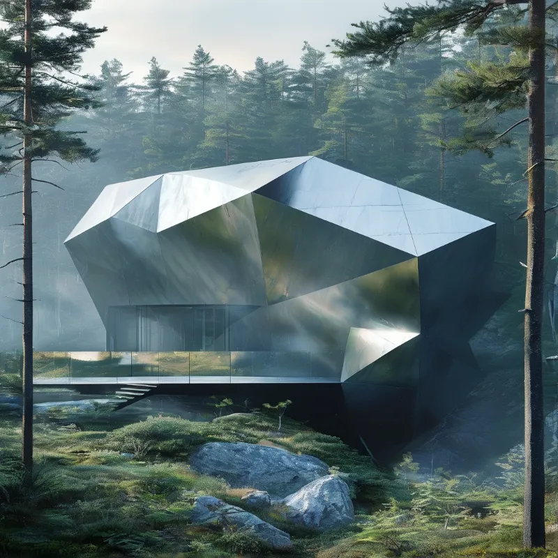 A multifaceted metallic building with mirrored panels stands among tall pines wrapped in soft morning fog and pale light