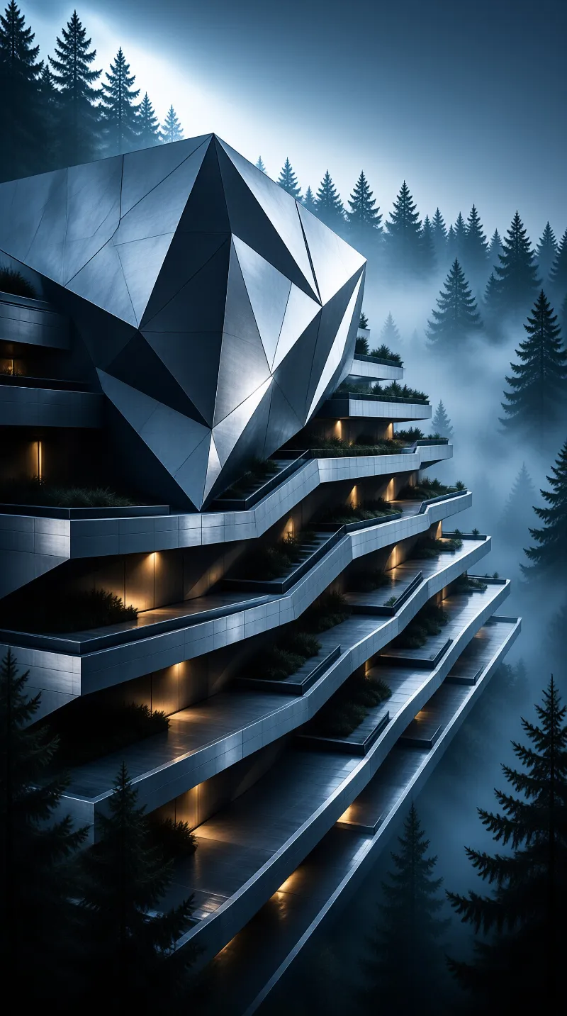 A futuristic angular building with warm lights is built into a hillside covered in tall evergreen trees shrouded in blue fog.