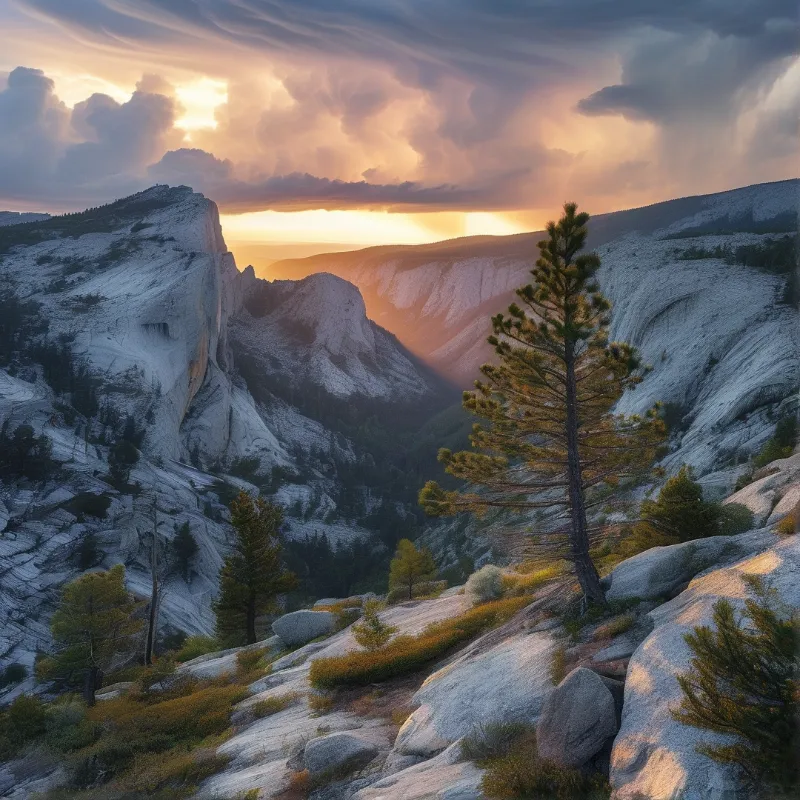 Towering granite formations and pine trees frame a glowing horizon beneath heavy clouds.