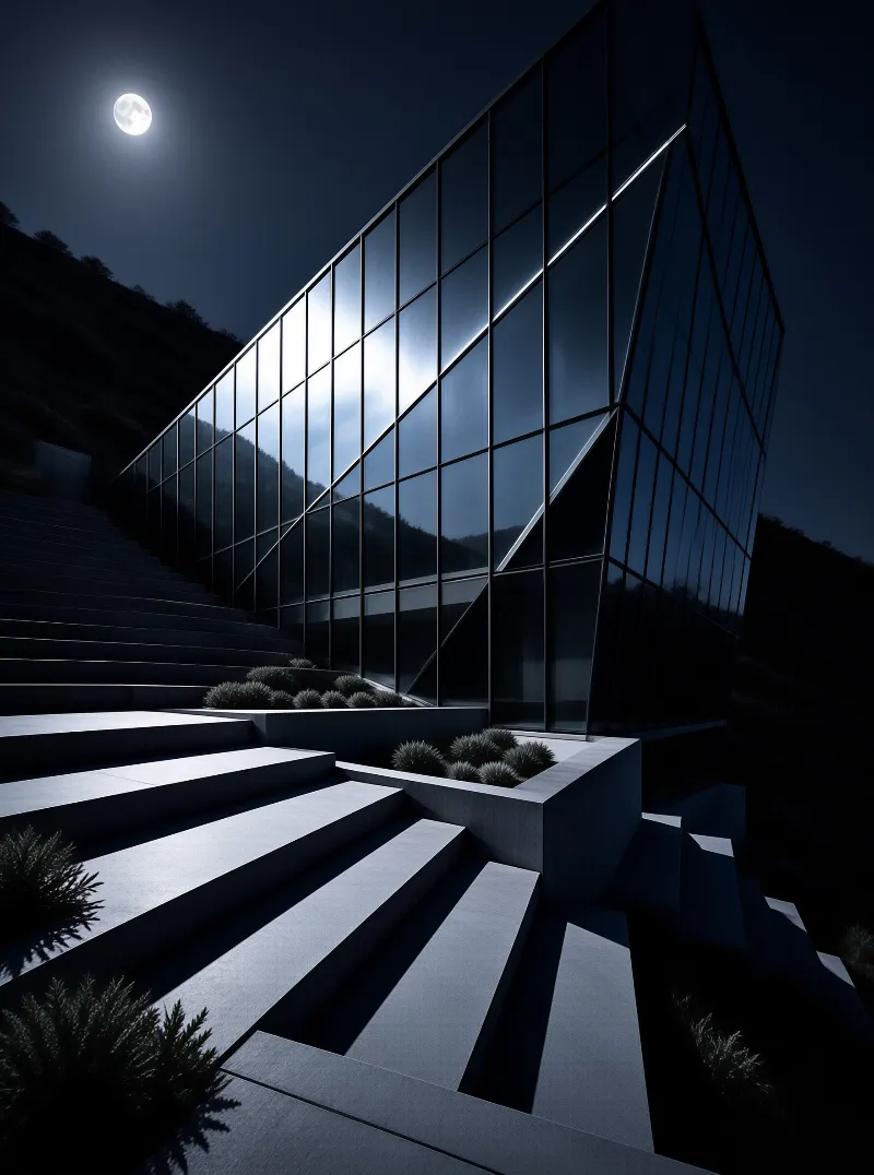 Wooden cross braced beams form an open cubic frame that looks out toward a soft misty horizon at early morning.