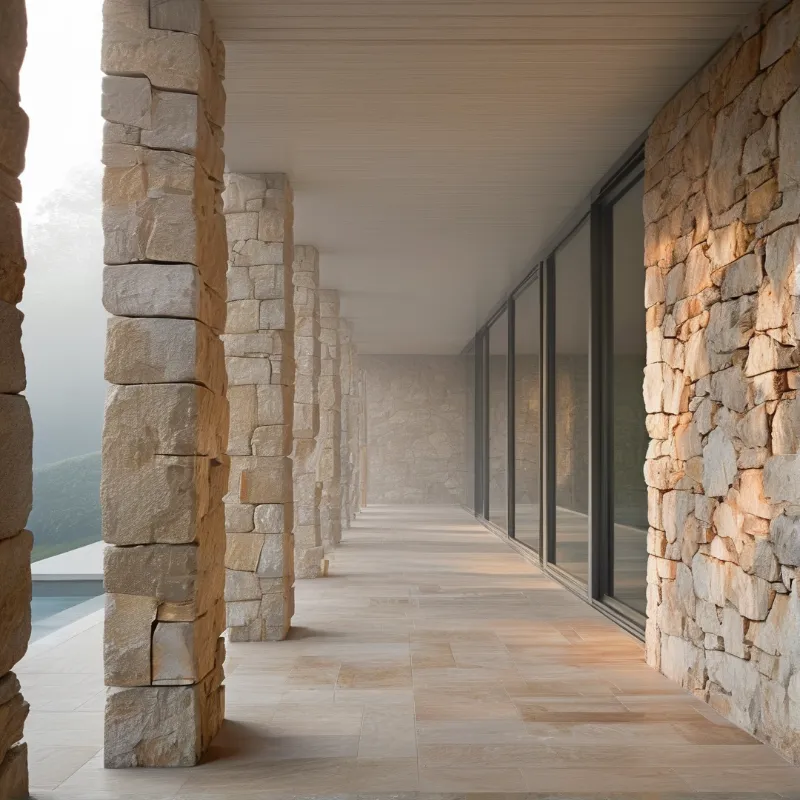 A long walkway features thick rough stone pillars on one side and floor-to-ceiling glass windows on the other.