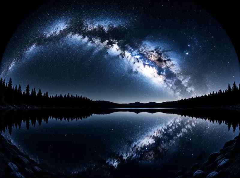The galaxy and stars reflect across a glassy lake ringed by dark pine silhouettes under a deep blue night sky.